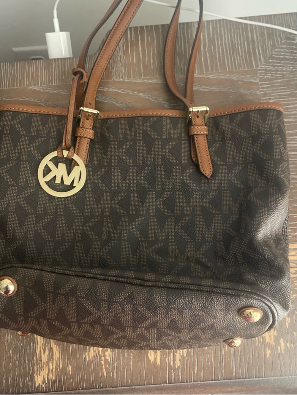 Michael Kors Brown Logo Tote with Tan Leather Trim and Gold Charm
